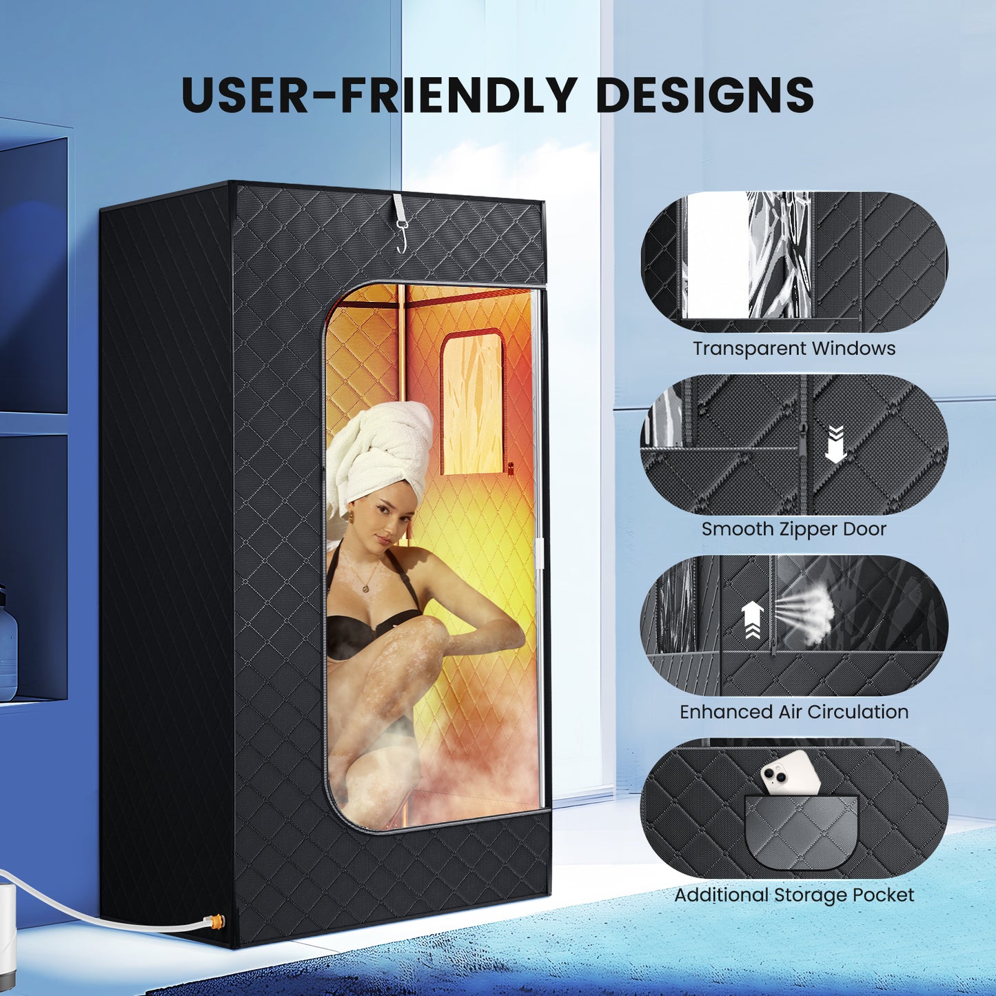 Sauna à vapeur portable pour la maison – 1000W – Cuve 3L – Cabine pliable individuelle avec siège et télécommande – Relaxation et détox