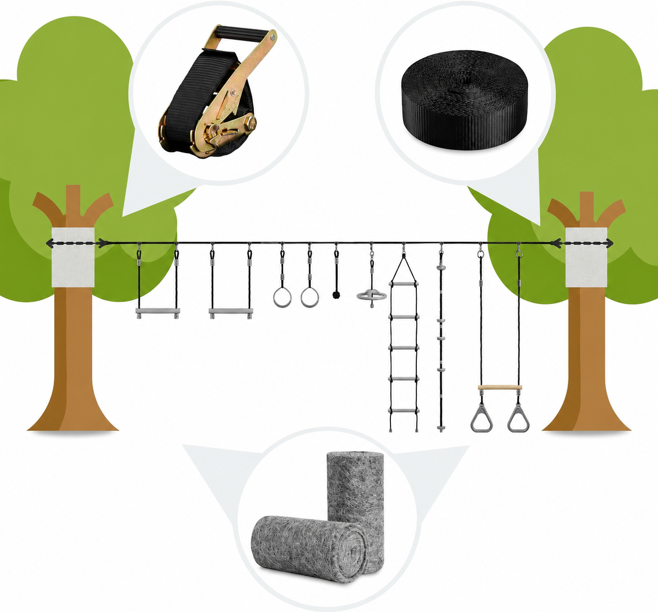 Kit Parcours Ninja Slackline 15m pour Enfants – Échelle, Anneaux, Barre de Trapèze & Accessoires – Jeux Extérieurs Jardin
