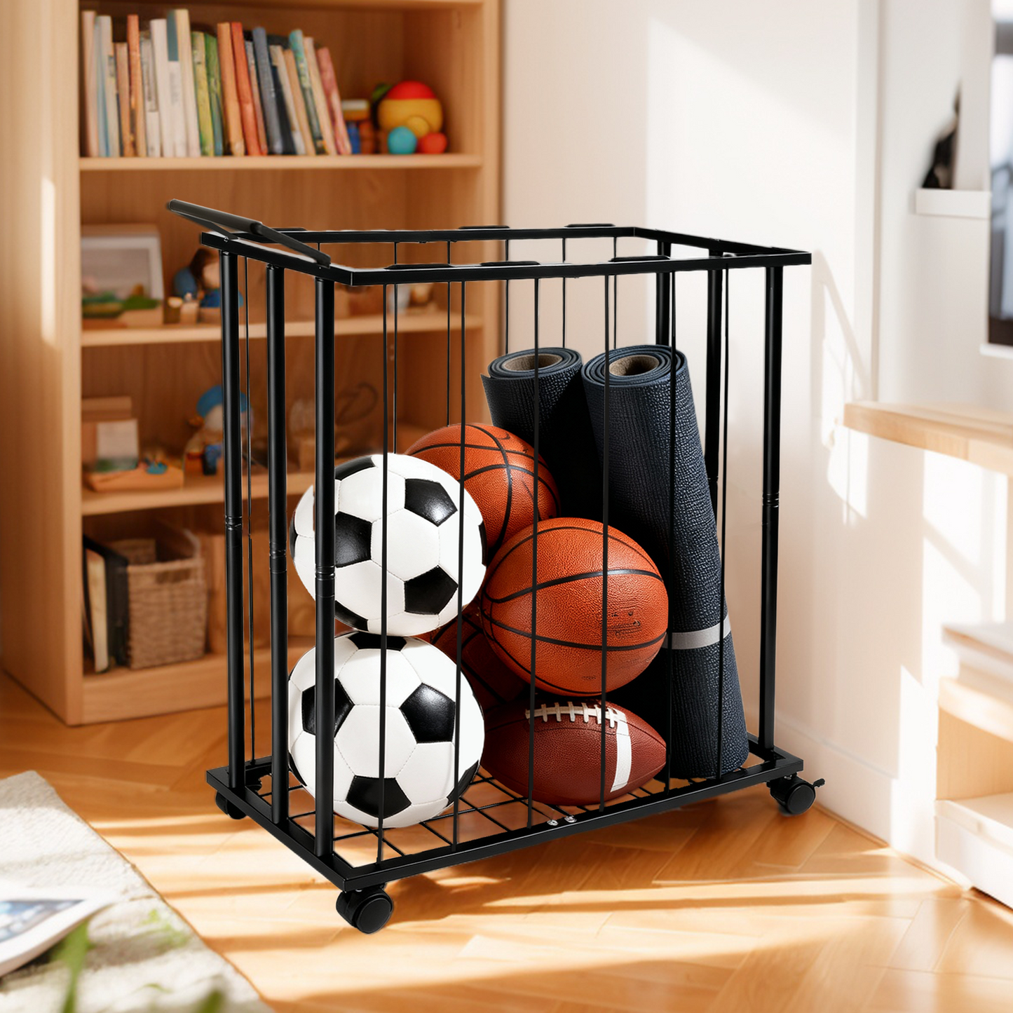 Chariot Rangement Balles Sport – Bac Métal avec Roues Organisateur Garage Salle de Sport