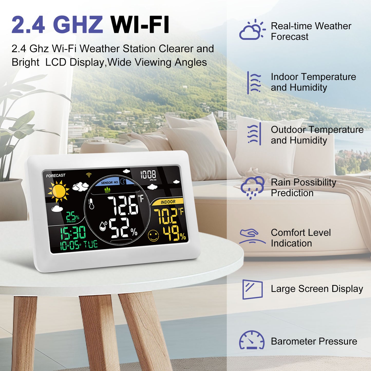 Station Météo Connectée WiFi avec Capteur Extérieur – Thermomètre Hygromètre Intérieur/Extérieur – Écran LCD Couleur, Horloge, Application Mobile