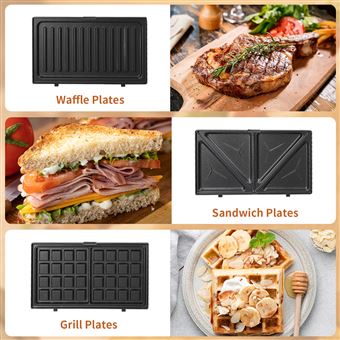 Appareil à Sandwich 3 en 1 – Grill, Gaufrier et Plaque Antiadhésive, 750W, Chauffage Rapide, Plaques Amovibles, Compact