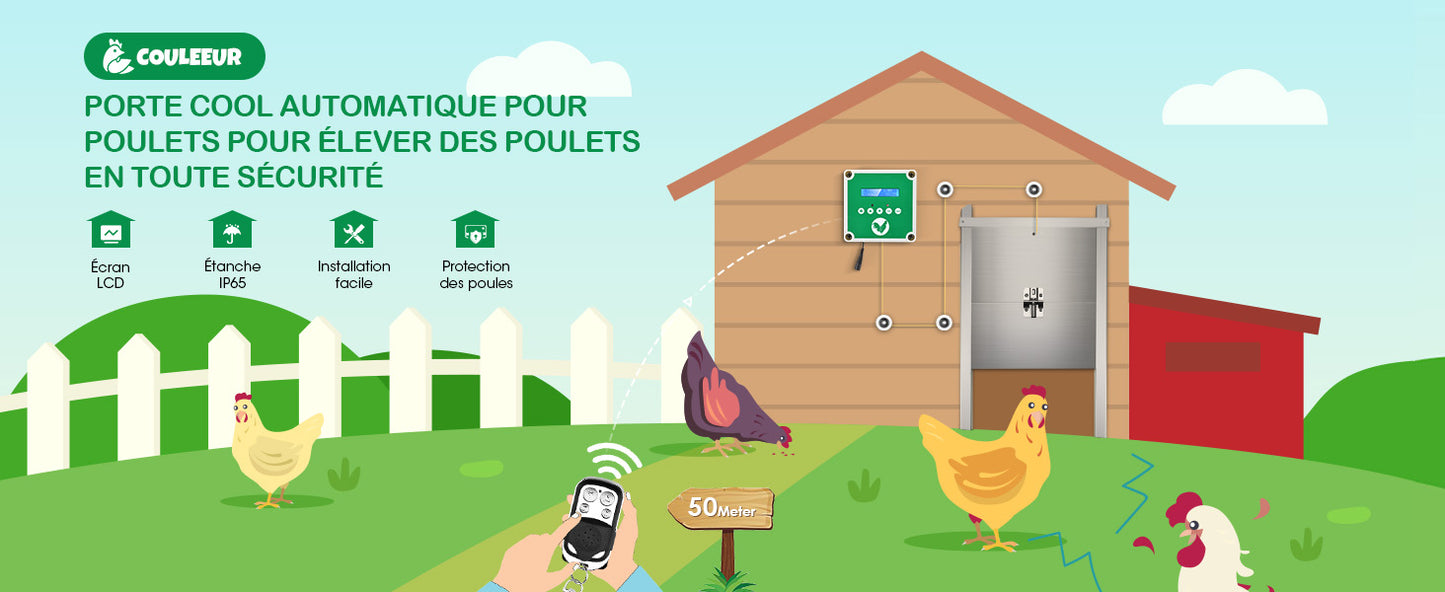 Ouvre-Porte Automatique Poulailler IP65 avec Télécommandes – Programmation Minuterie – Système Intelligent Étanche – Contrôleur Porte Poule
