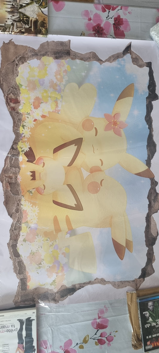 Stickers mural Pikachu en famille – décoration murale tendre et colorée – grand format 90x60 cm – chambre enfant ou bébé – 8