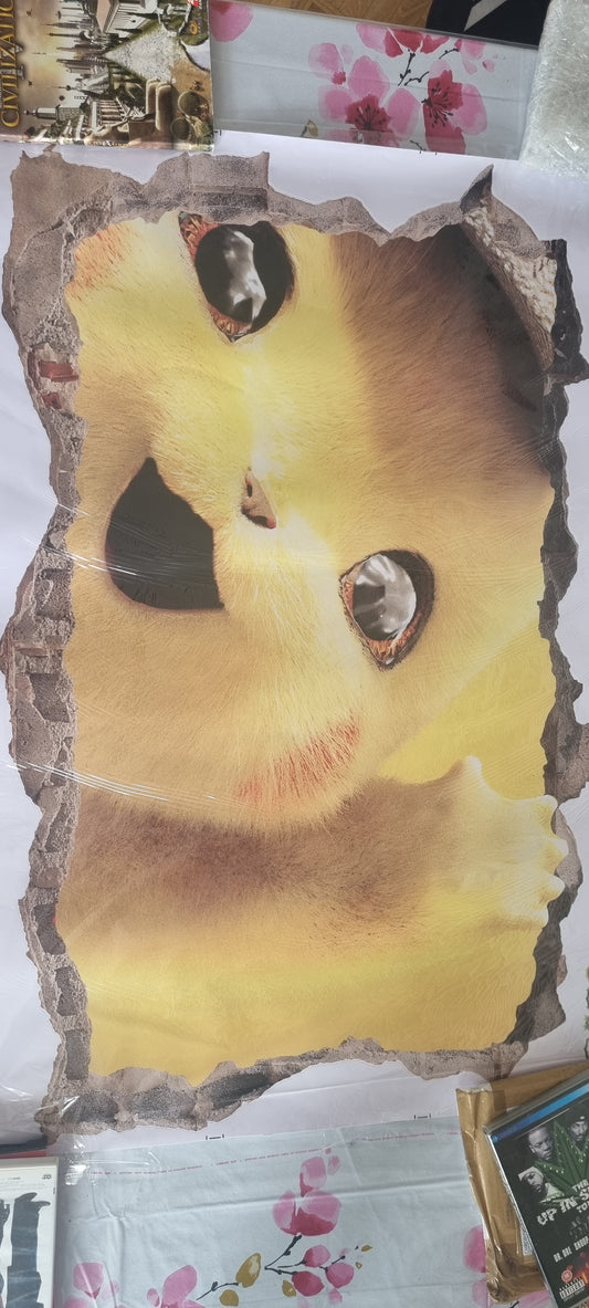 Stickers mural 3D Pikachu peluche – Regard craquant – Grand format 90 x 61 cm – Effet mur déchiré –pokémon 8