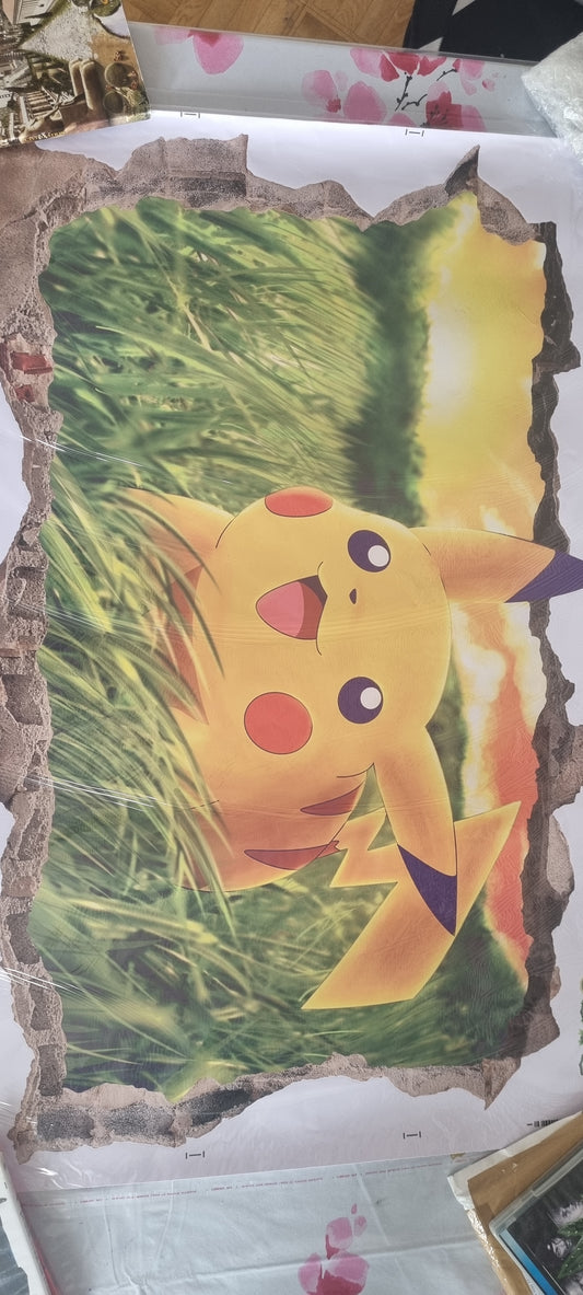 Stickers mural Pikachu joyeux dans les champs – Nature verte – Grand format 90 x 60 cm –pokémon Effet 3D – 8