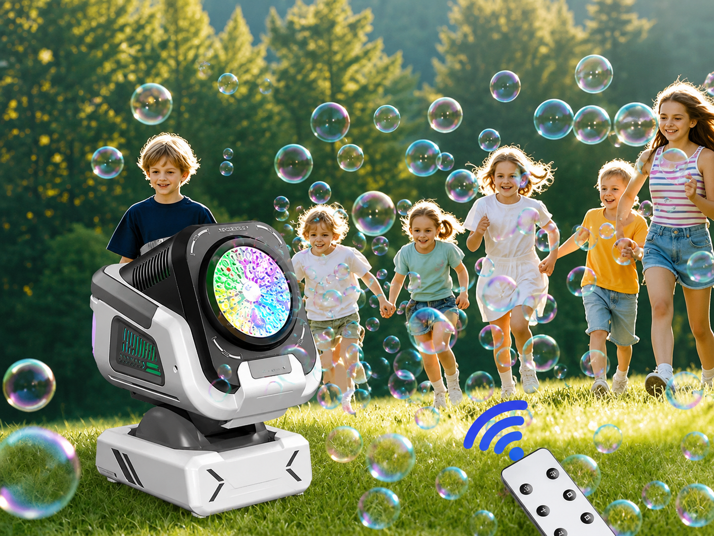 Machine à Bulles Automatique Rechargeable RGB – Rotation 360°, LED, Télécommande, Batterie 1800 mAh – Anniversaires & Événements