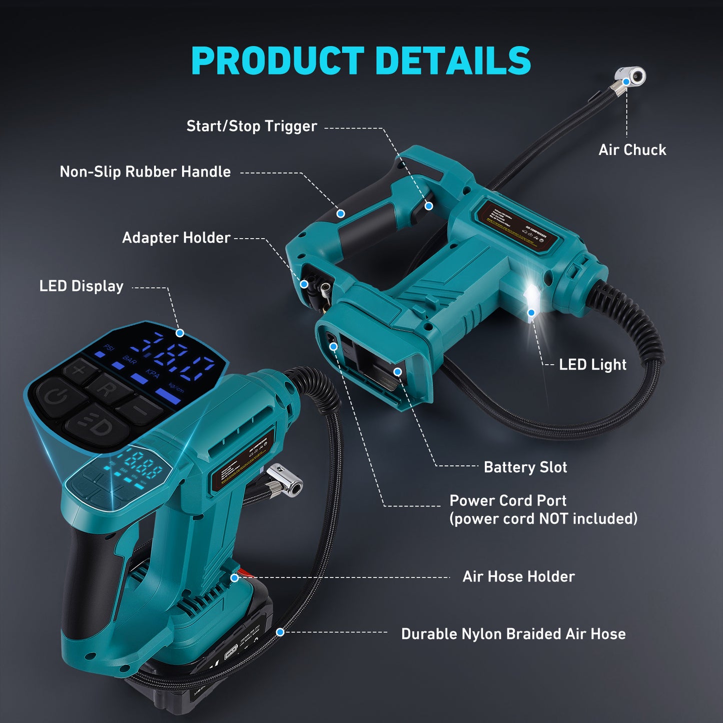 Gonfleur de Pneus Électrique Portable – Compresseur d’Air Sans Fil Voiture Moto Vélo – Rechargeable