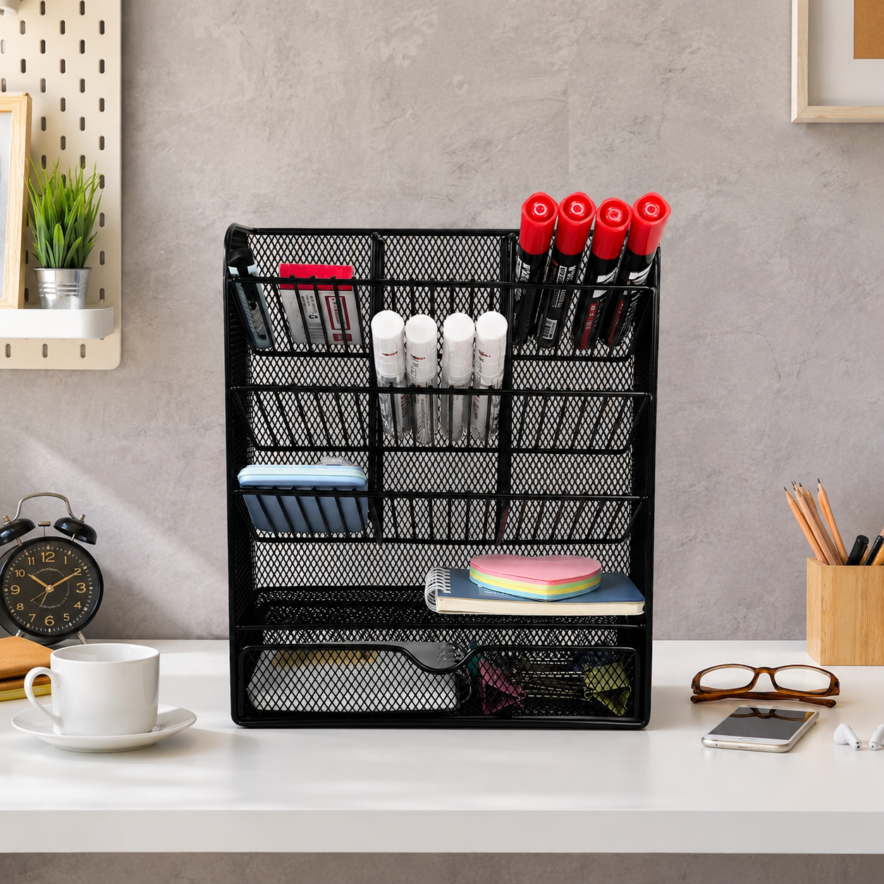 Organisateur de Bureau en Métal avec Compartiments et Tiroir | Range Stylos, Crayons, Fournitures de Bureau | Support de Rangement pour École, Maison et Bureau