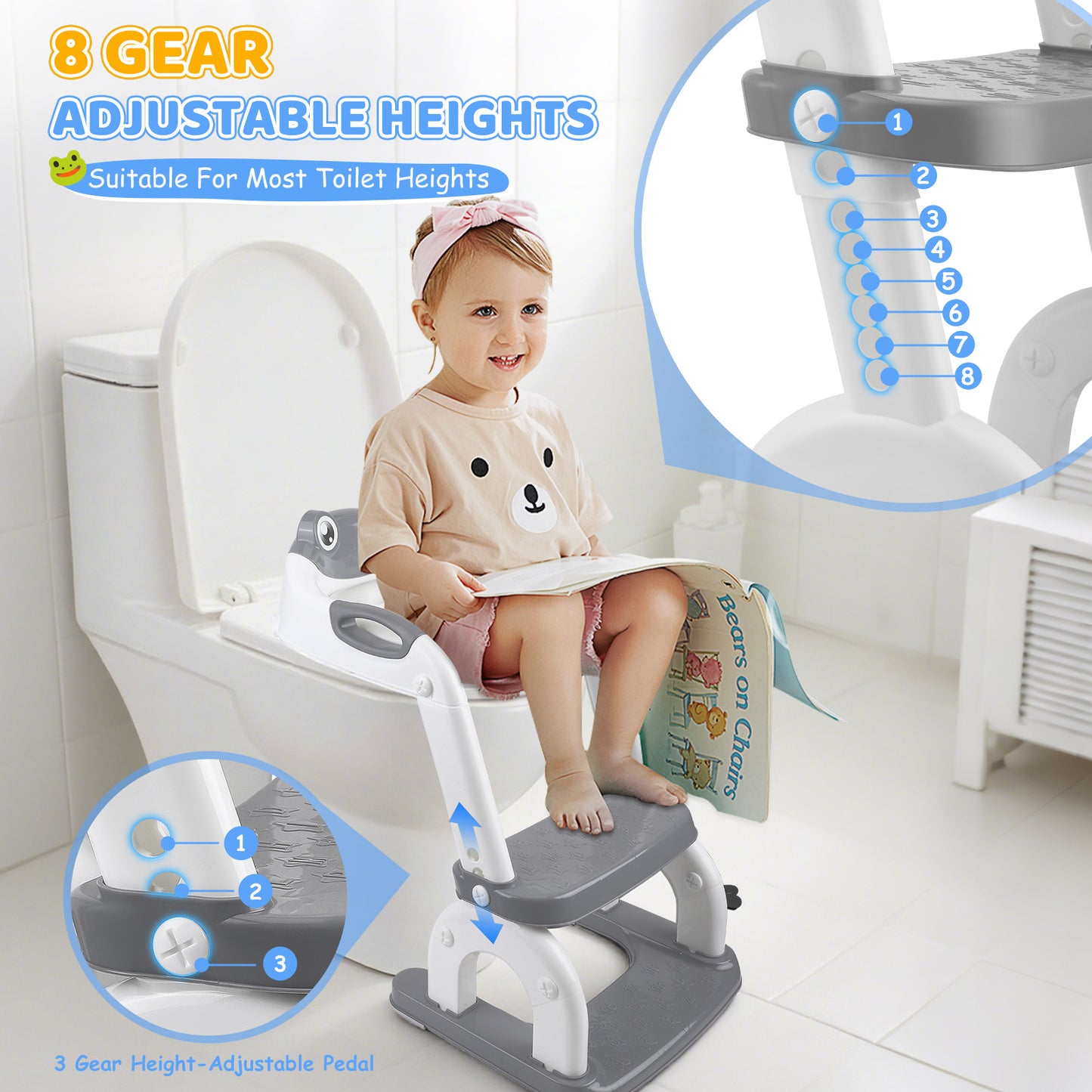 Siège de Toilette Enfant avec Marche et Tabouret – Escabeau 2 Marches – Pédale Antidérapante – Poignées de Sécurité – Couleur Gris