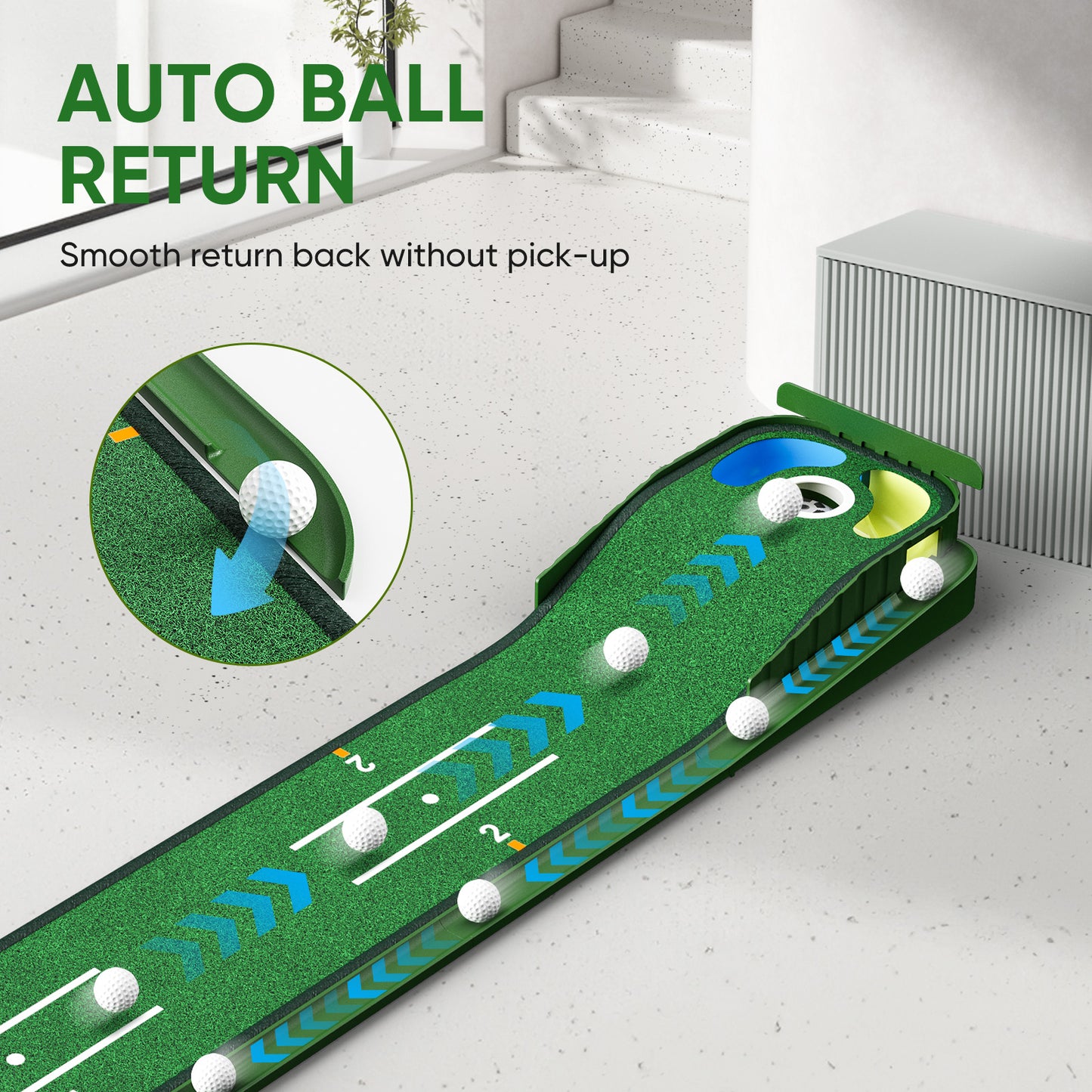 Tapis de golf d’entraînement avec retour automatique de balle – 3 trous cibles – Tapis putting réaliste intérieur fr