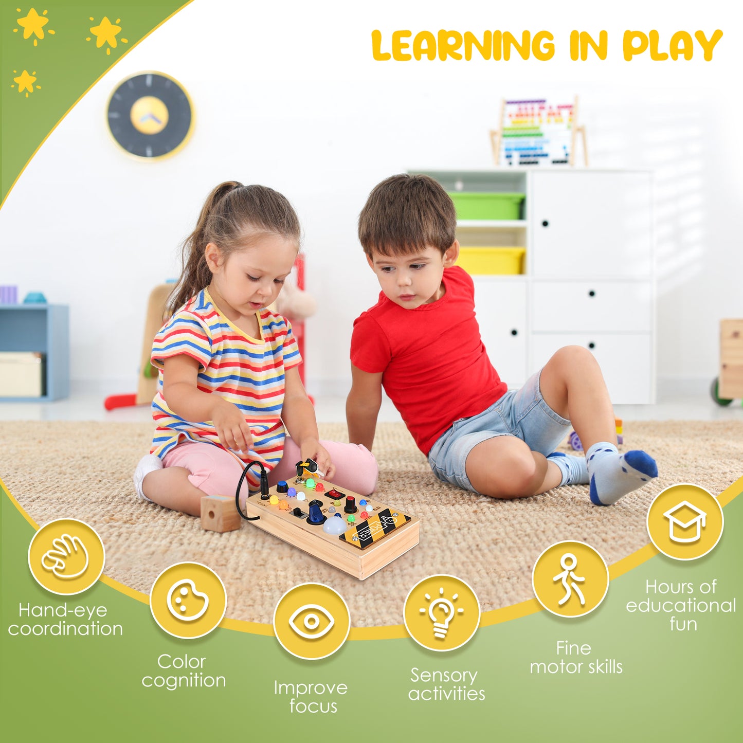 Planche Montessori Sensorielle en Bois – Tableau d’Activités LED – Jouet Éducatif 2 à 4 Ans
