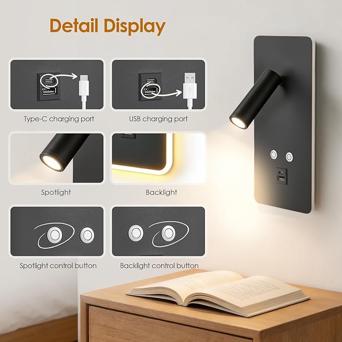 Lot de 2 Lampes de Lecture Murales LED avec USB et USB-C – Applique Murale de Chevet Intensité Variable – Lampe LED Moderne pour Chambre, Hôtel, Couloi