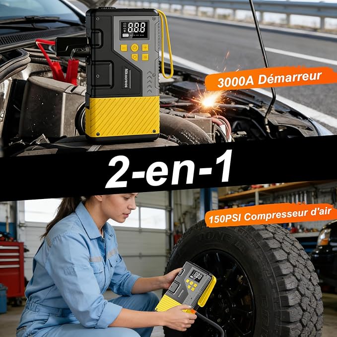 Démarreur de voiture portable 3000A avec compresseur d’air 150 PSI – Booster batterie 12V essence & diesel – Gonfleur pneus avec lampe LED