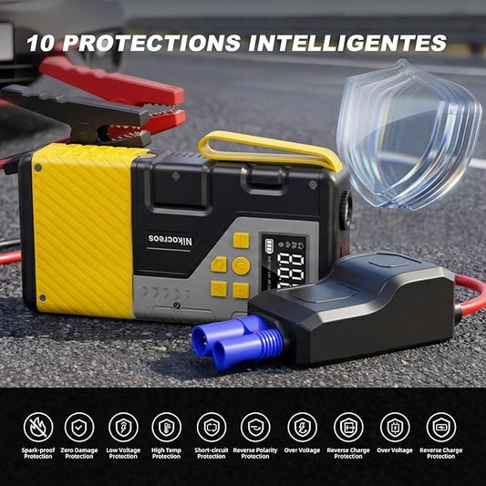 Démarreur de voiture portable 3000A avec compresseur d’air 150 PSI – Booster batterie 12V essence & diesel – Gonfleur pneus avec lampe LED