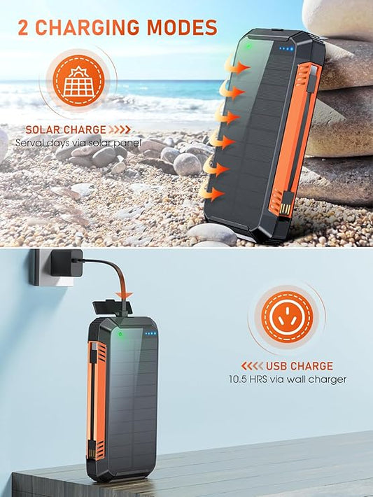 Batterie Externe Solaire 49800mAh PD30W USB-C | Power Bank Charge Rapide avec 2 Câbles Intégrés, 3 Sorties & 2 Entrées, Lampe Torche LED | Chargeur Portable Étanche pour Smartphone, Tablette – Noir Orange