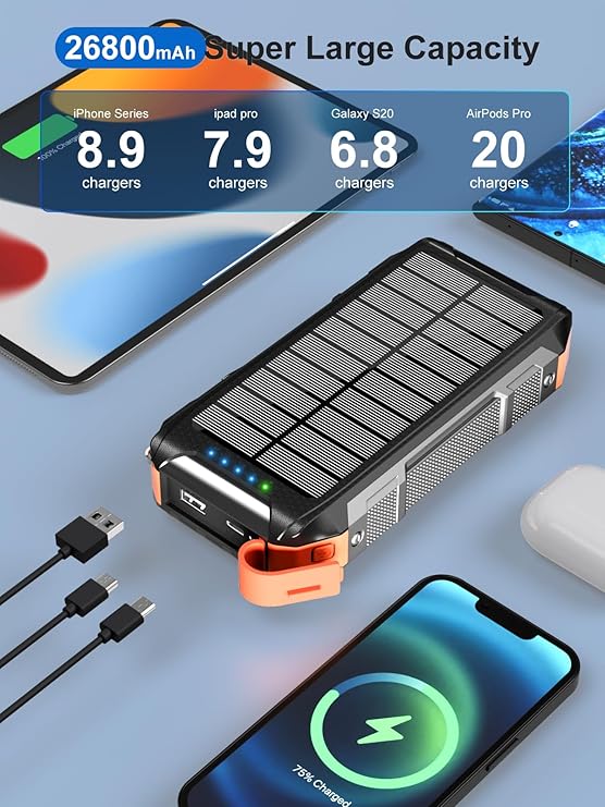 Batterie Externe Solaire 26800mAh Charge Rapide 30W USB-C Power Bank Magnétique Sans Fil avec 4 Câbles Intégrés, 7 Ports, Lampe LED, Étanche Camping Voyage – Noir Orange