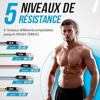 Kit Élastiques de Musculation 150 lbs avec Poignées et Ancrage de Porte pour Fitness Renforcement Musculaire
