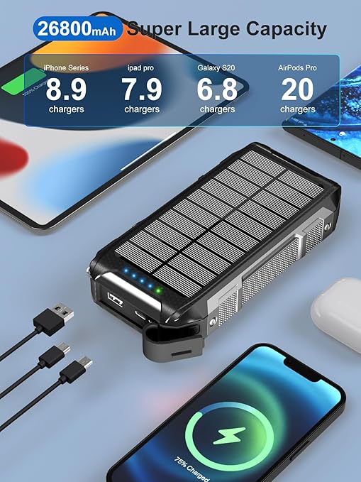 Batterie Externe Solaire 26800mAh Charge Rapide 30W USB-C Power Bank Magnétique Sans Fil avec 4 Câbles Intégrés, 7 Ports, Lampe LED, Étanche Camping Voyage – Noir