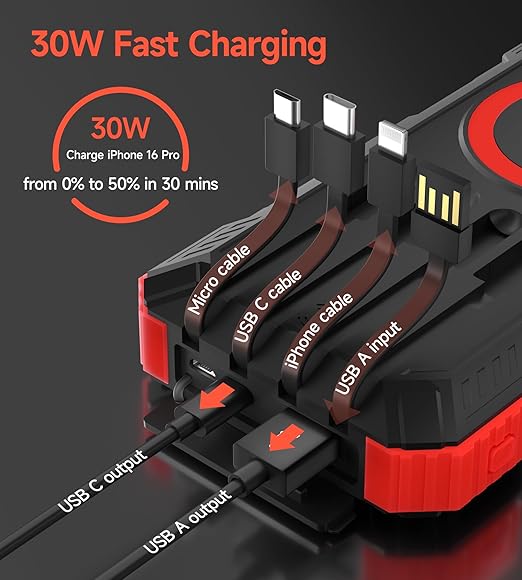 Batterie Externe Solaire 56800mAh 30W USB-C | Power Bank Sans Fil avec 4 Câbles Intégrés, 6 Sorties & 3 Entrées, Lampe LED + Boussole | Chargeur Portable Étanche pour Smartphone, Camping – Noir Rouge
