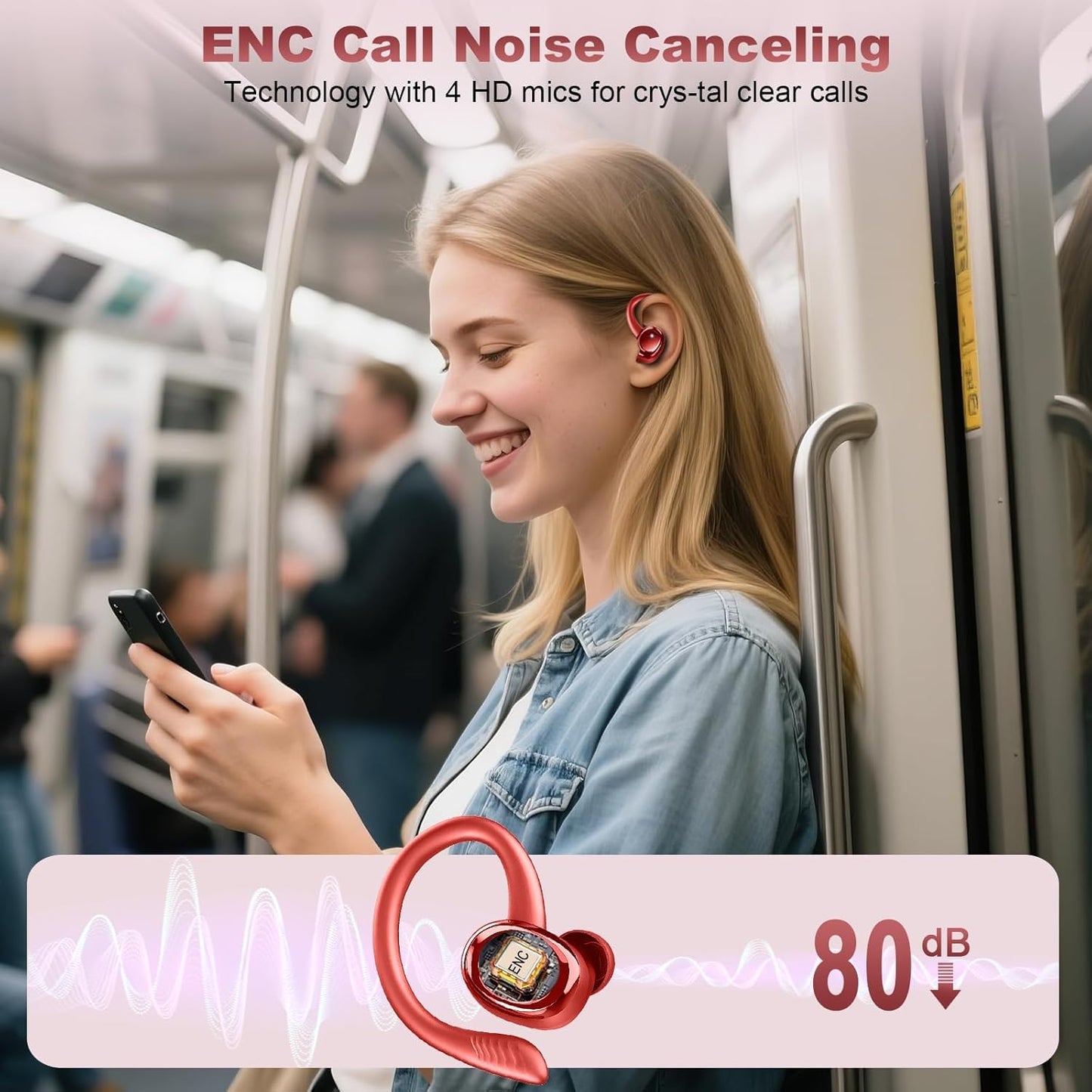 Écouteurs Bluetooth 5.4 Sport Sans Fil – HiFi Stéréo – 4 Micros ENC – 60h Autonomie – IP7 – USB-C – Rouge
