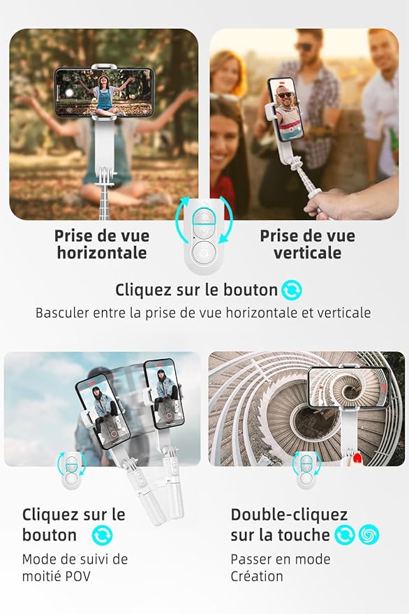 Stabilisateur Smartphone Portable avec Lumière LED et Télécommande – Perche Selfie Cardan Pliable pour Android iPhone Vlog TikTok