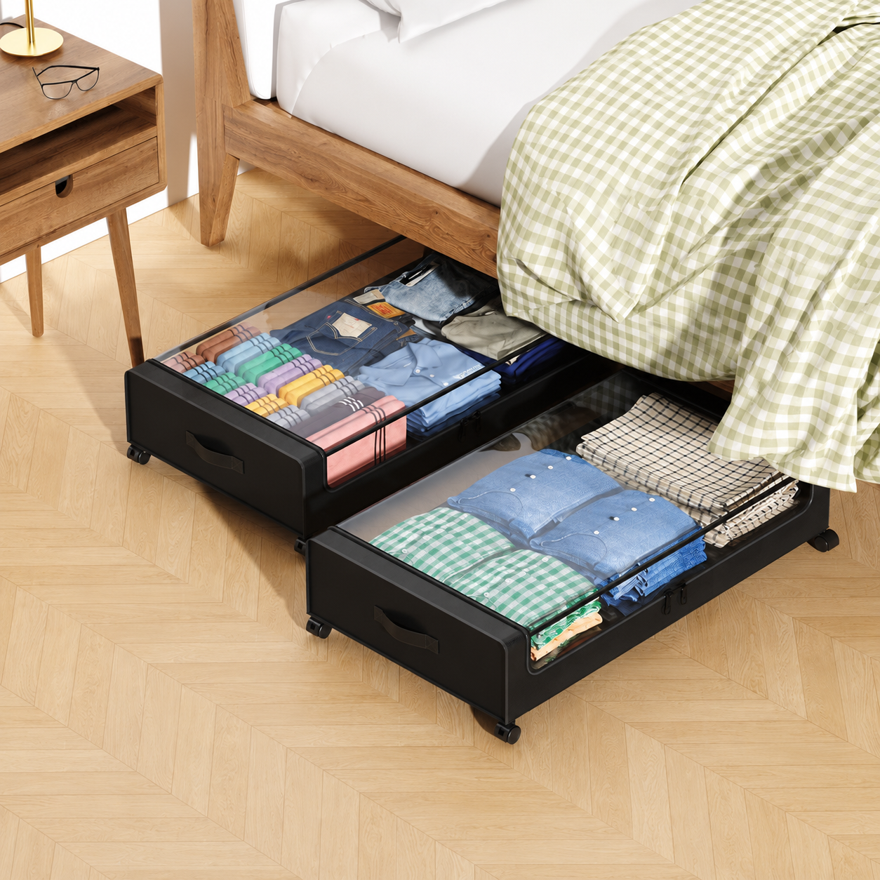 Lot de 2 Boîtes de Rangement Sous Lit à Roulettes avec Couvercle Transparent – Organisateur de Chaussures, Vêtements et Couettes – Bac de Rangement Gain de Place Chambre