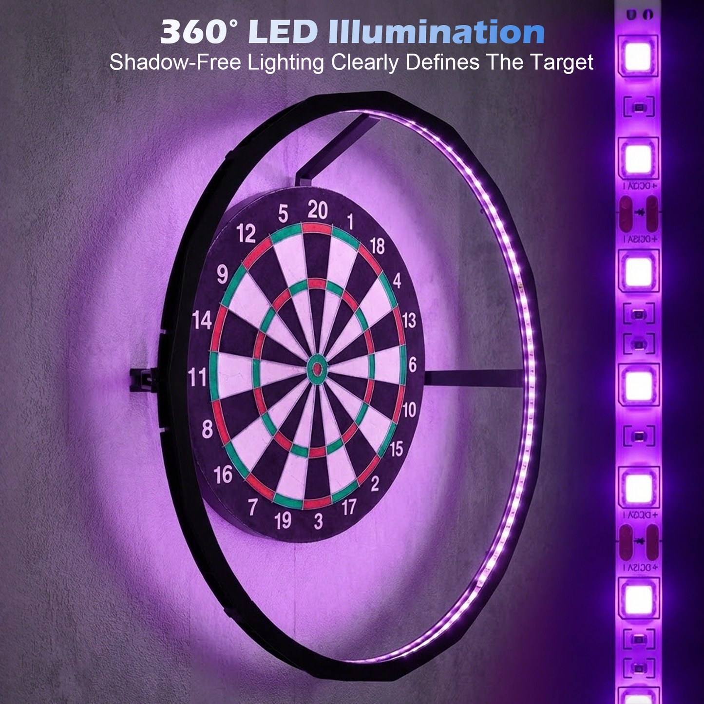Éclairage Cible Fléchettes 360° Sans Ombre – 90 LED Luminosité Réglable – Support Compatible 45 cm