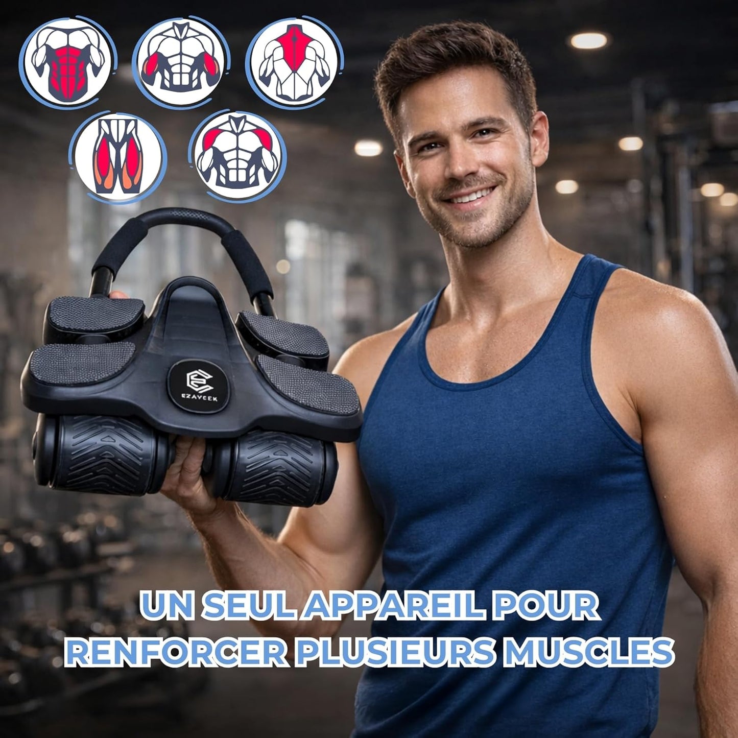 Roue Abdominale Assistée à Rebond Automatique – 4 Roues Stables, Support Coudes, Gainage Abdos