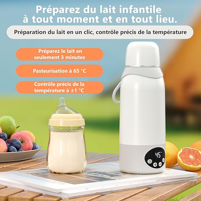 Chauffe-Biberon Portable Sans Fil 500ml Rechargeable USB-C 12000mAh – Température Réglable 37-100°C Inox 316L pour Bébé Voyage Nuit