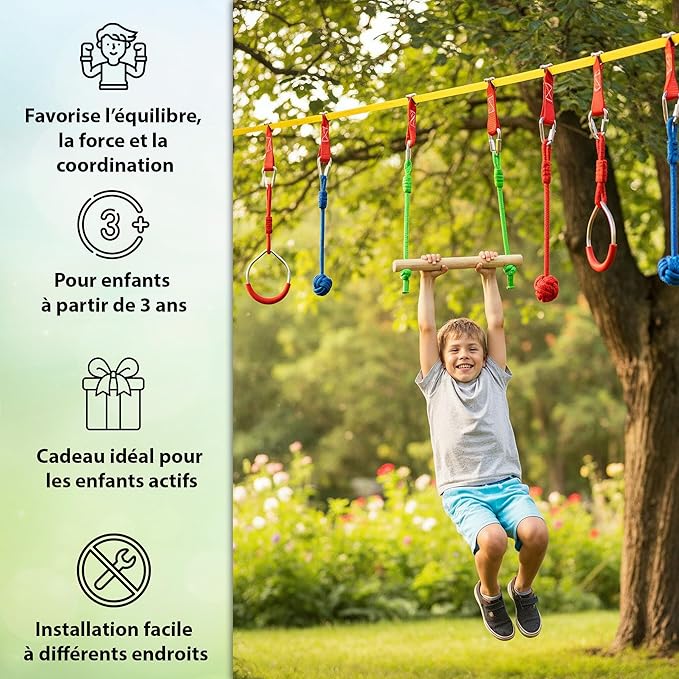 Kit Parcours Ninja Slackline 15 m – Obstacles, Échelle, Anneaux & Balançoire – Extérieur Enfants