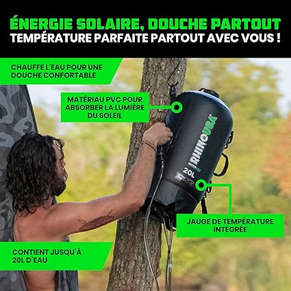 Douche Solaire Portable 20L – Sac Douche Extérieur avec Pommeau, Tuyau Flexible & Crochet, Camping Plage Randonnée