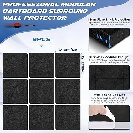 Protection Murale 90x90 cm pour Cible de Fléchettes – Panneau en Feutre et Liège Résistant aux Impacts – Protection Murale pour Jeu de Fléchettes – Noir
