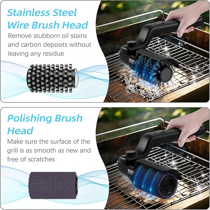 Brosse Électrique Barbecue Sans Fil 3 Vitesses Rechargeable USB Tête Rotative 180° Nettoyeur Grill Inox pour Barbecue et Fumoir