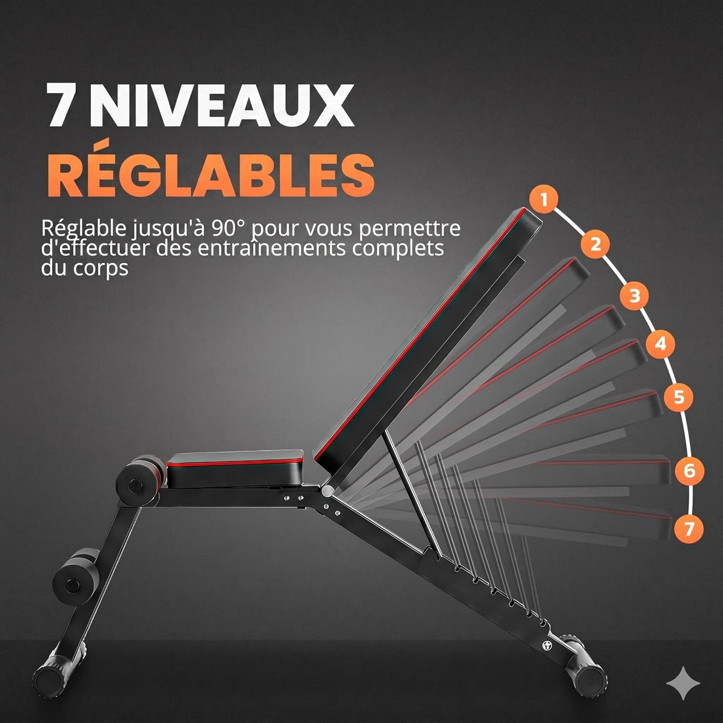 Banc de Musculation Pliable Multifonction Réglable 7 Positions Support 250 kg avec Bandes de Résistance