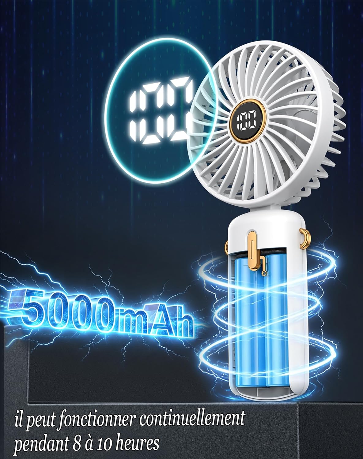 Ventilateur portable rechargeable USB pliable 3 vitesses avec écran numérique, mini ventilateur à main silencieux, ventilateur de bureau et de voyage