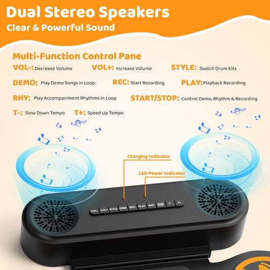 Batterie Électronique Enfant 9 Pads – Tapis de Batterie Musical Bluetooth avec Haut-Parleurs, 7 Styles, 6 Rythmes, Kit Batterie Portable avec Baguettes