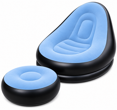 Fauteuil Gonflable Adulte Floqué avec Repose-Pieds – Chaise Longue Portable Intérieur Extérieur – Bleu