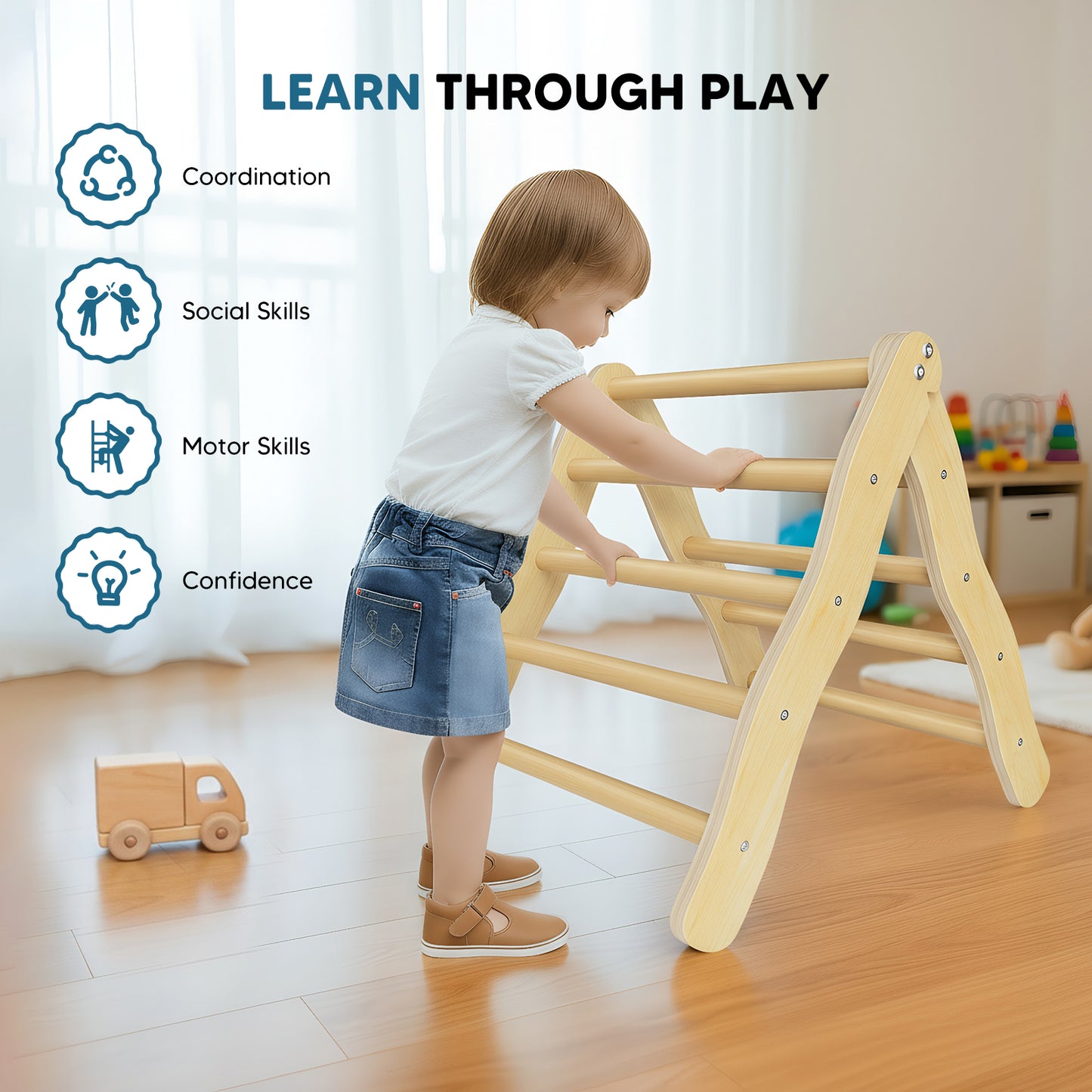 Triangle Escalade Enfant Bois Pliable – Aire de Jeu Montessori 1-3 Ans – Échelle Grimpe Intérieur