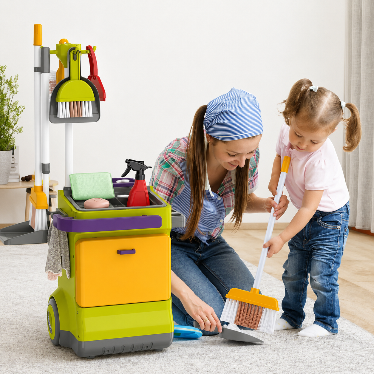 Chariot de Ménage Enfant 20 Pièces – Balai, Serpillière, Pelle, Brosse – Jeu d'Imitation Éducatif