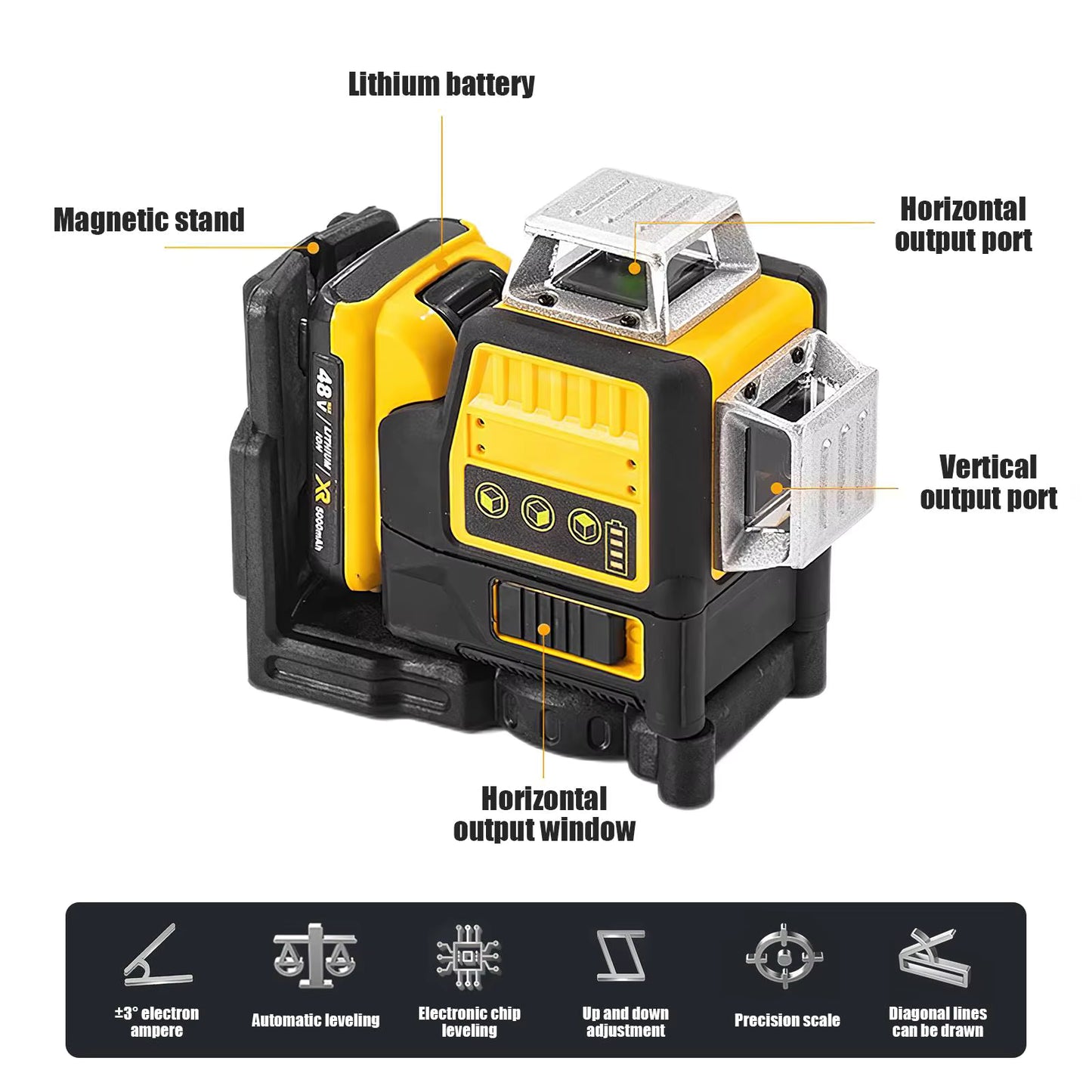 Niveau Laser 3D 12 Lignes Vert 4x360° – Auto-Nivelant Rechargeable