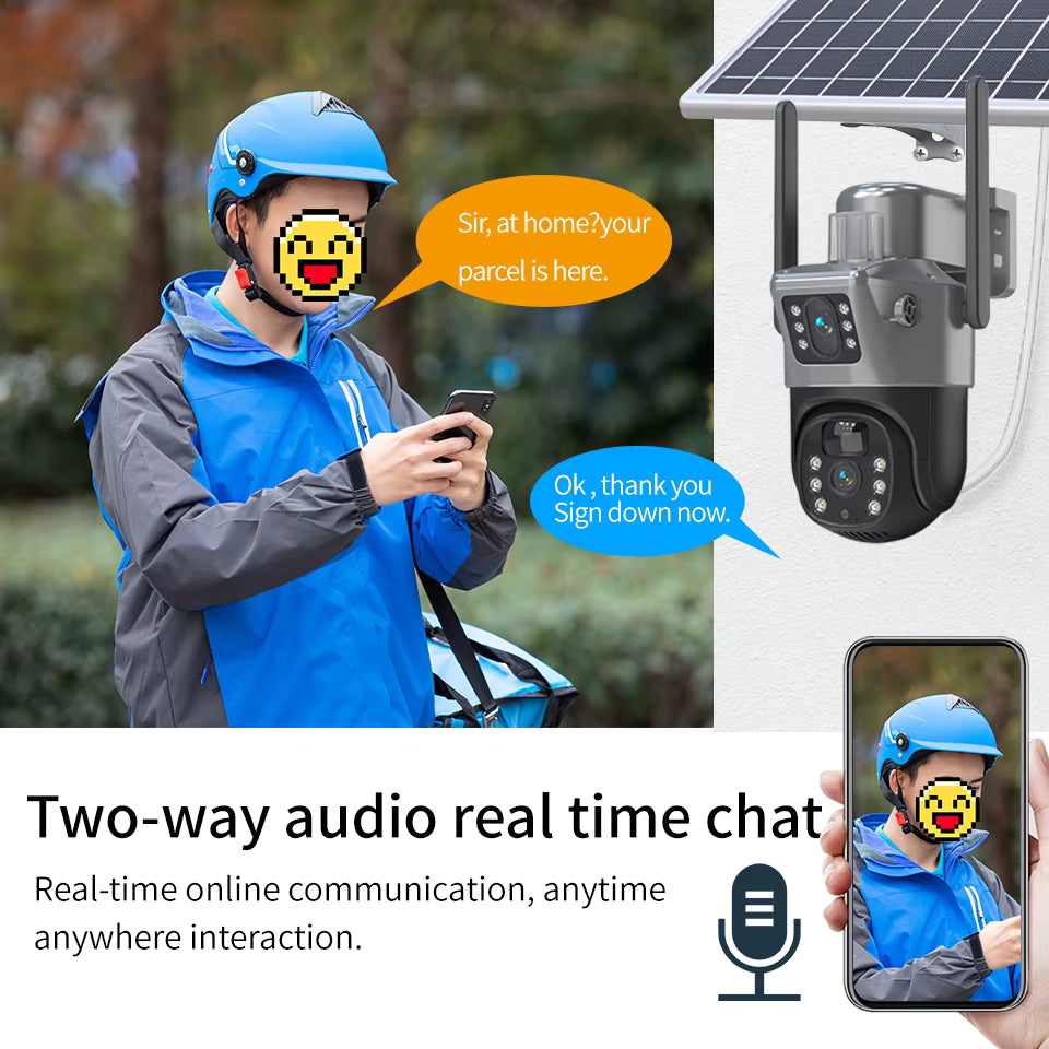Caméra de Surveillance Solaire WiFi 4MP PTZ – Double Objectif avec Audio et Détection PIR