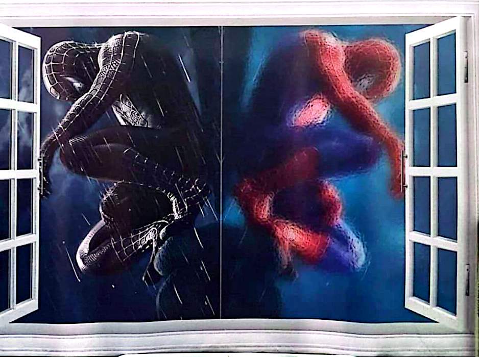 Sticker mural fenêtre Spider-Man Noir – Décoration murale effet 3D – Grand format 90x60 cm