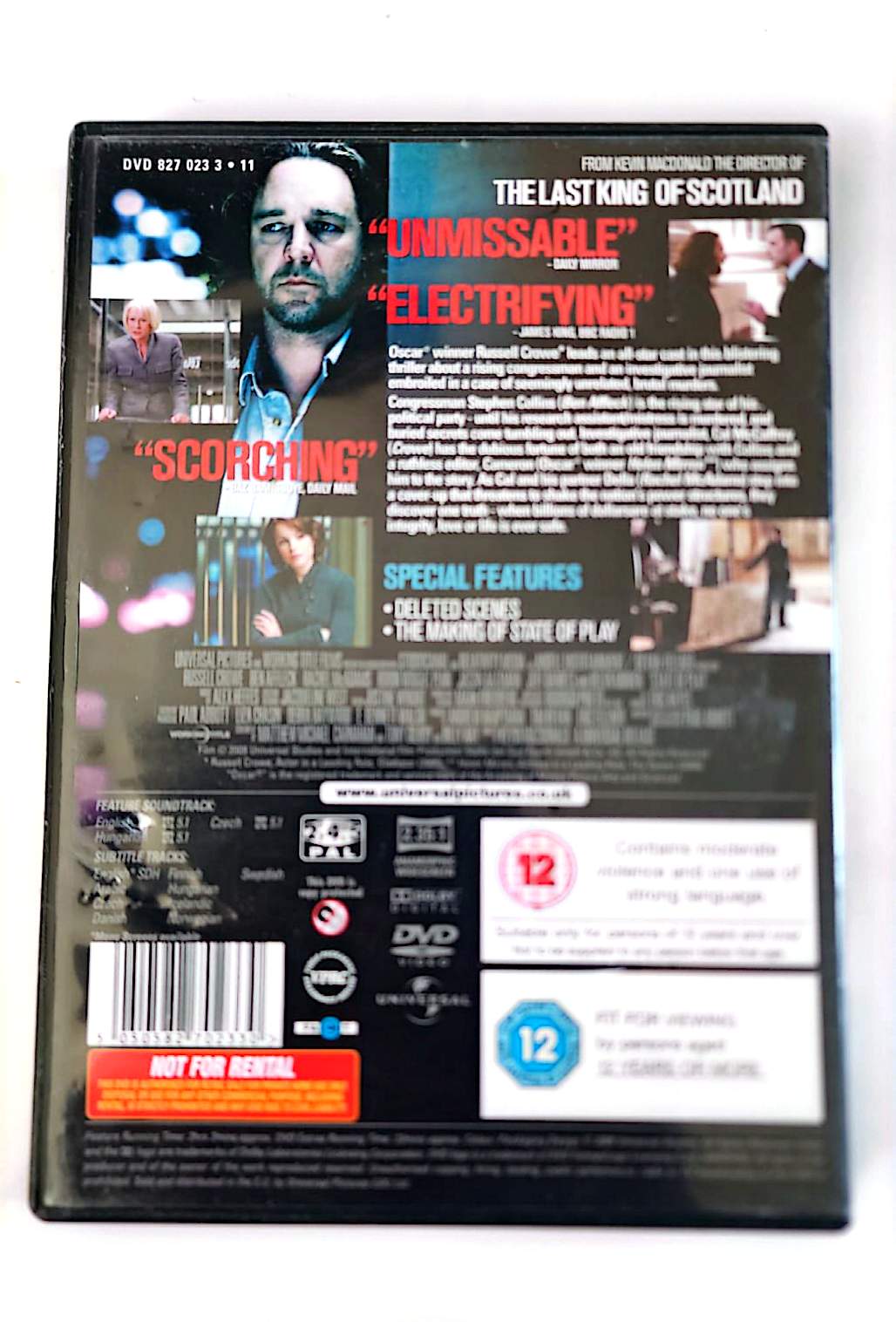 State of Play DVD – Russell Crowe, Ben Affleck, Helen Mirren – Thriller Politique | Zone 2 PAL Anglais