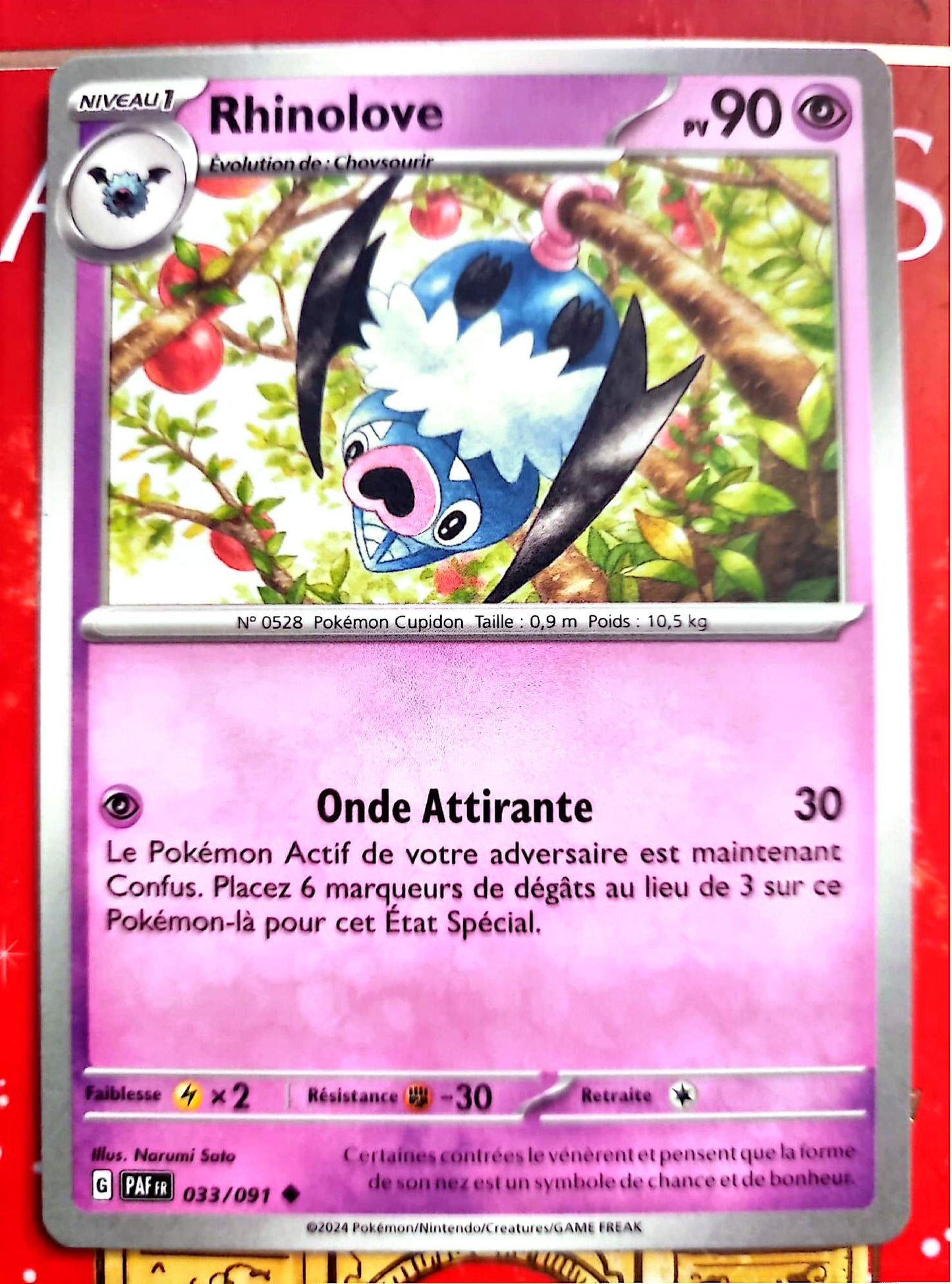 Carte Pokémon Rhinolove, évolution de Chovsourir. Carte officielle Pokémon, version française. Vendue à l’unité.