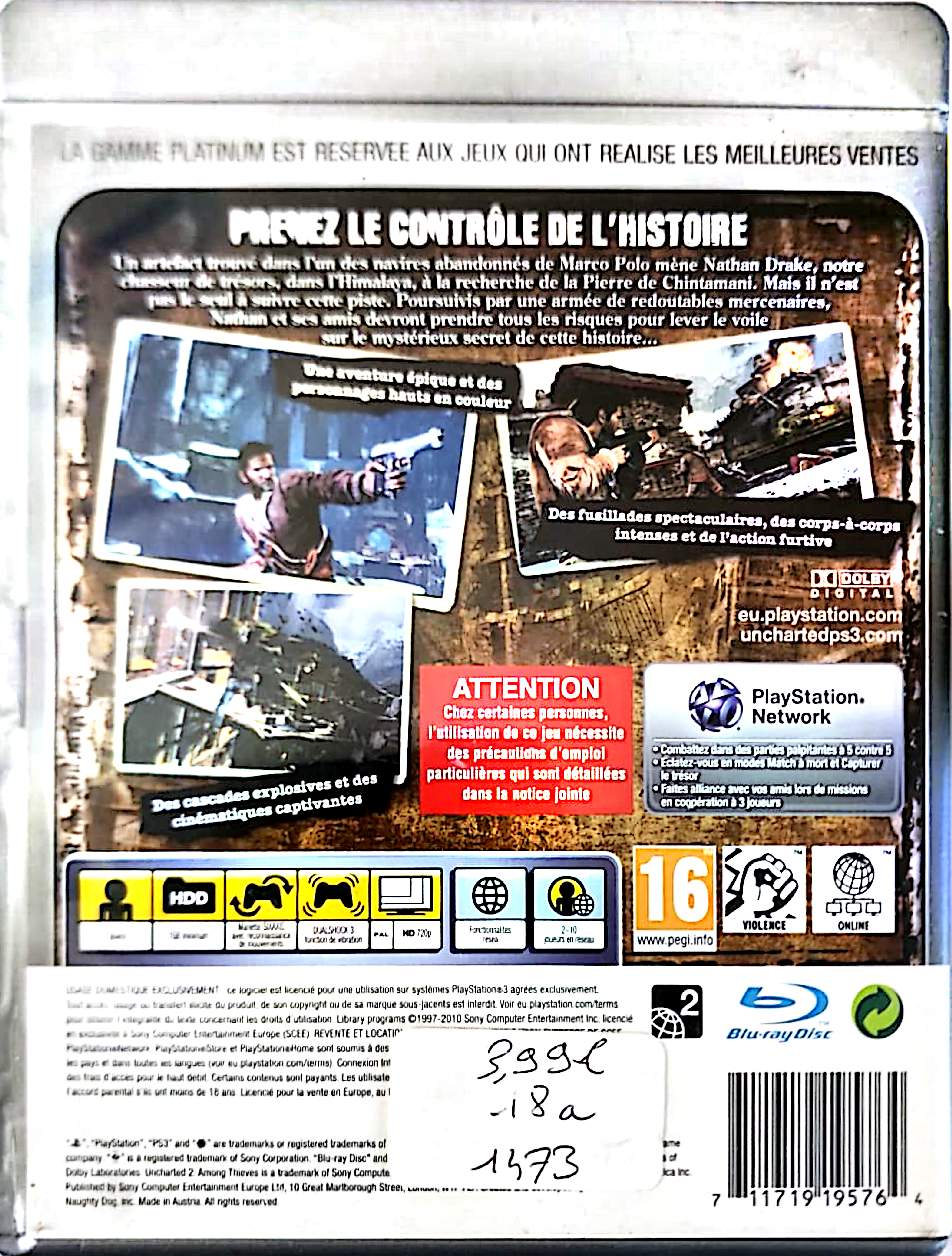 Uncharted 2 Among Thieves Platinum PS3 – Jeu d'Aventure Action Exclusivité PlayStation 3 – Version Française PAL