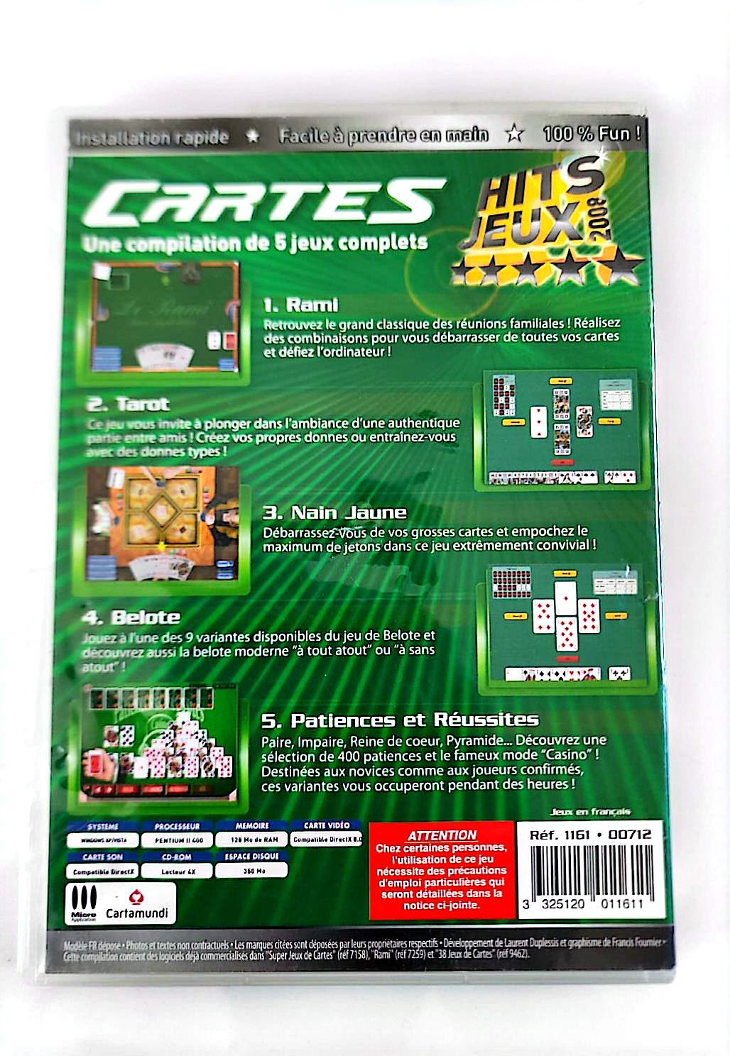 Hits Jeux 2008 Cartes – 5 Jeux PC CD-ROM | Rami, Tarot, Belote, Nain Jaune, Patiences | Français