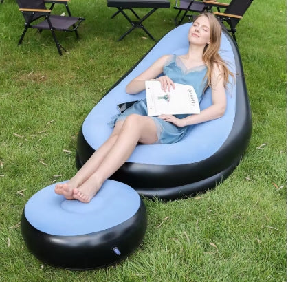 Fauteuil Gonflable Adulte Floqué avec Repose-Pieds – Chaise Longue Portable Intérieur Extérieur – Bleu