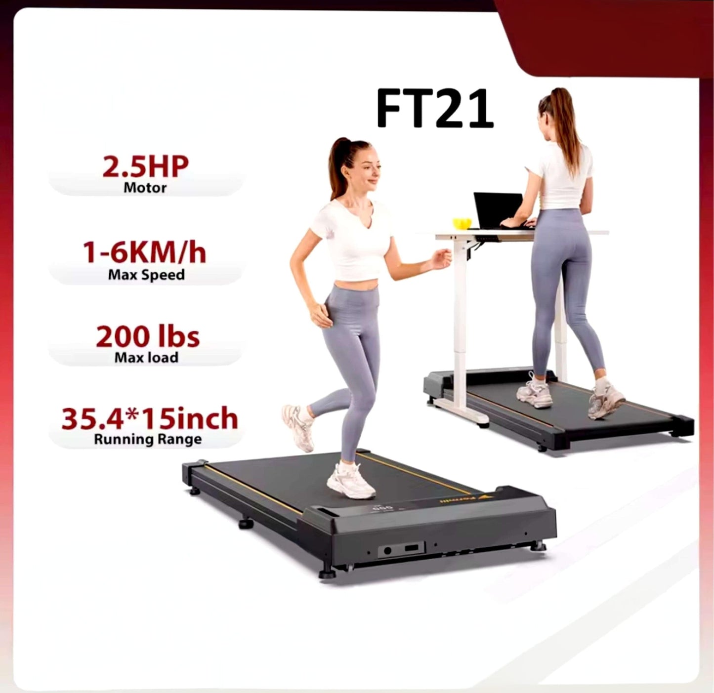 Tapis de Marche FT21 – 2,5 HP – Silencieux & Compact – 1 à 6 km/h – Écran LED & Télécommande – Appareil de Fitness & Bureau