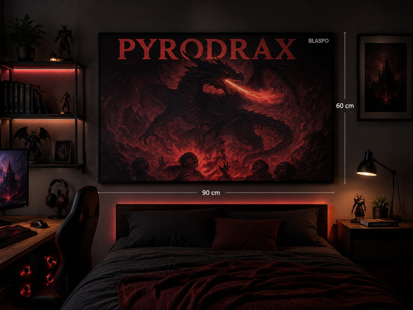 Sticker Mural Dragon Pyrodrax Blaspo 90 x 60 cm – Décoration Fantastique Feu et Ténèbres – Affiche Grand Format Chambre Gamer, Bureau ou Salon