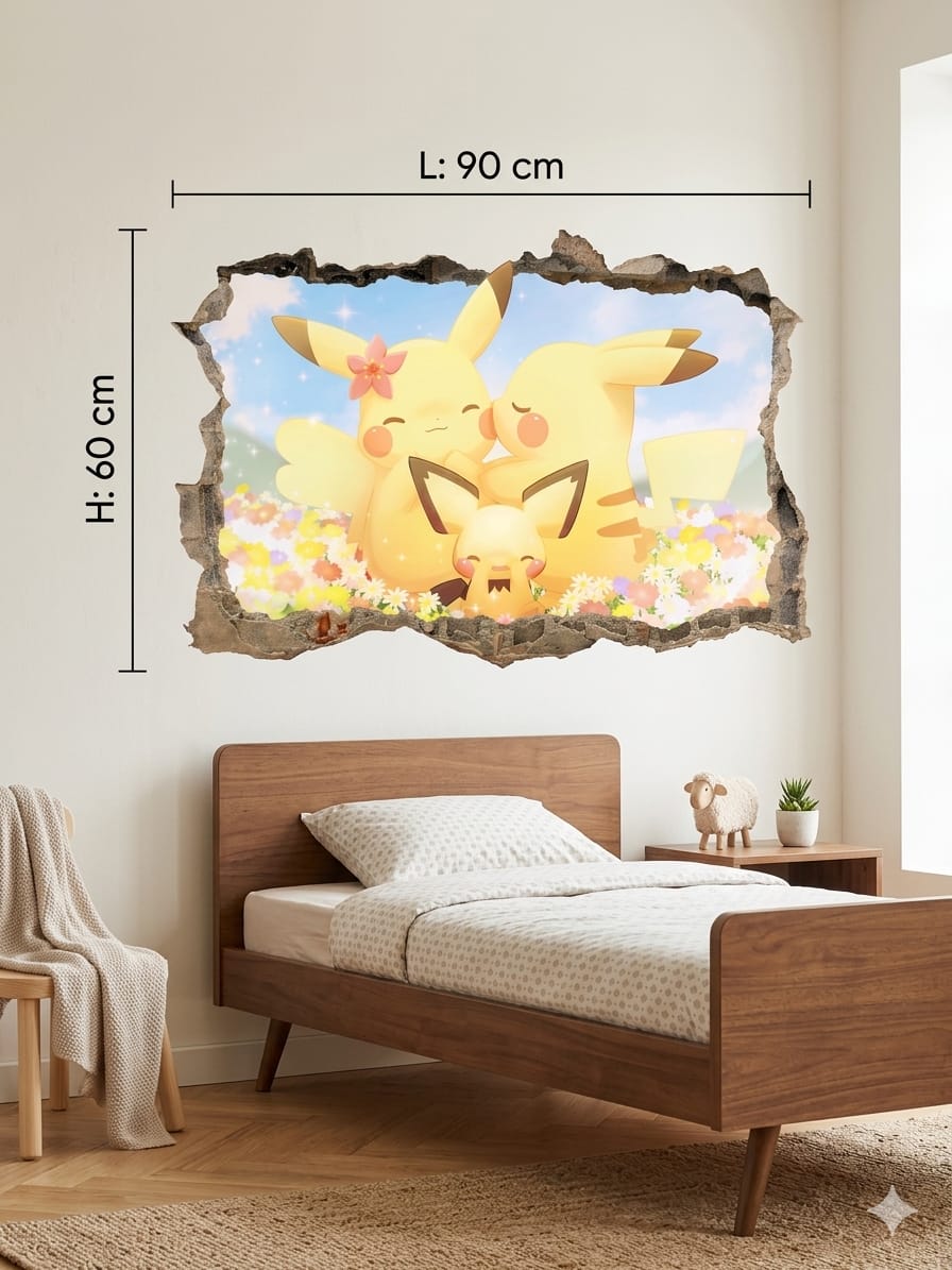 Sticker Mural 3D Famille Créatures Électriques 90 x 60 cm – Effet Mur Cassé – Décoration Chambre Enfant, Bébé et Salle de Jeux